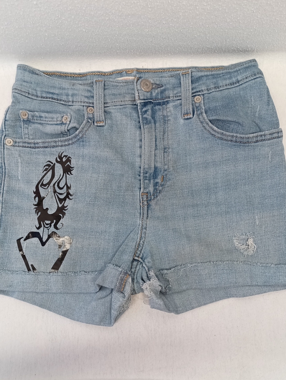 Women’s Light Blue Distressed Denim Levi Shorts with Graphic Accent On Front